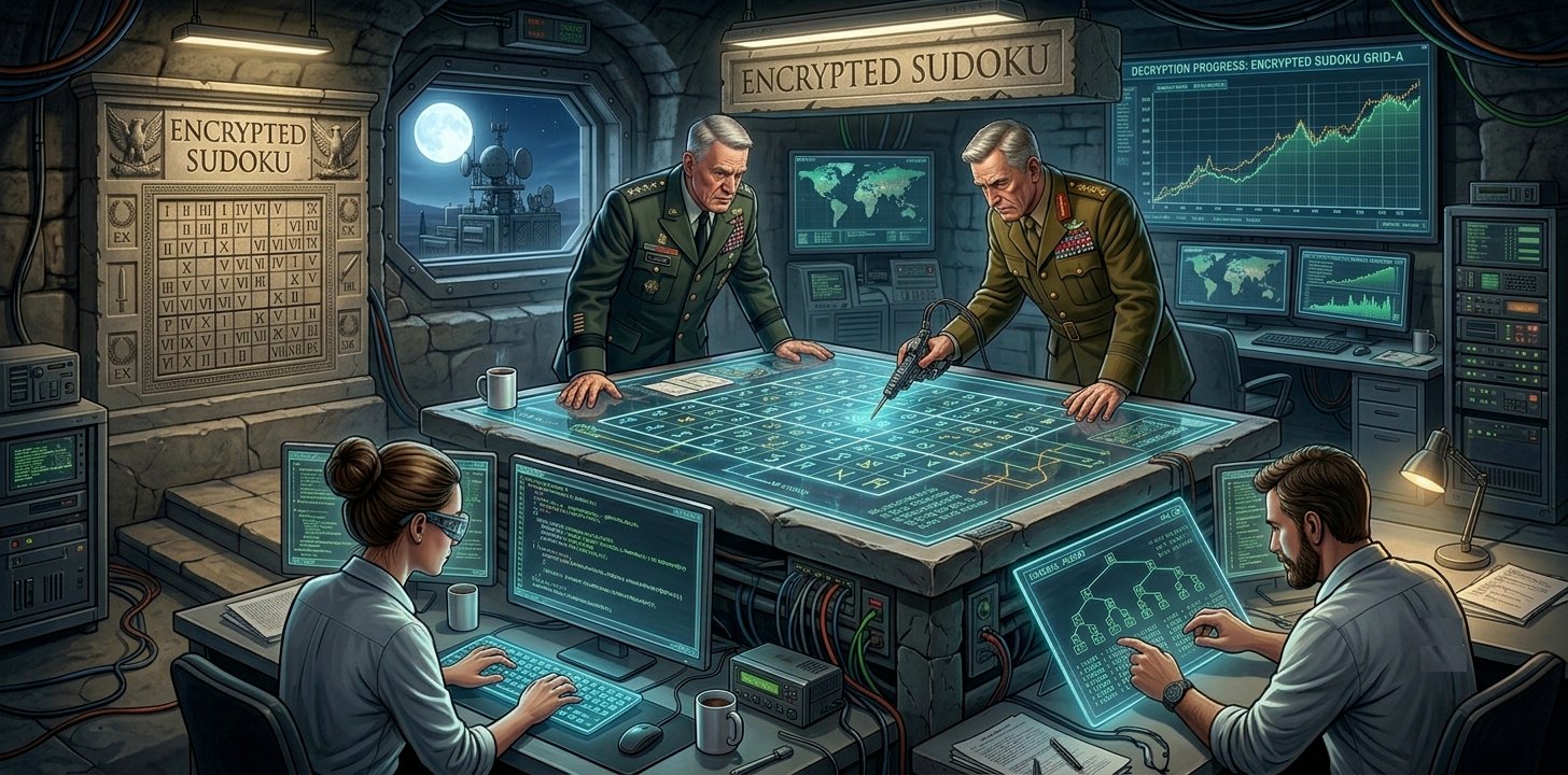 Encrypted Sudoku — military bunker decryption scene